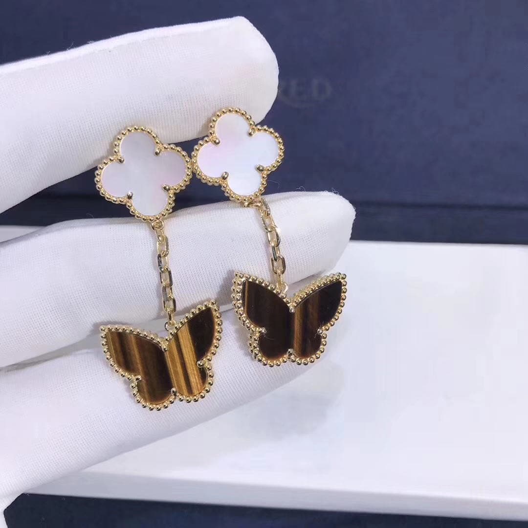 Серьги Van Cleef Lucky Alhambra с 2 мотивами розовое золото, перламутр, тигровый глаз 2