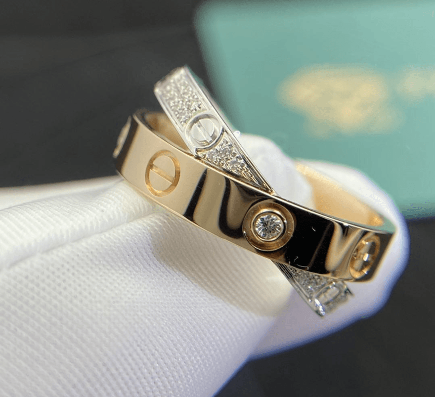 Кольцо Cartier Love с бриллиантовым паве белое, розовое золото 5