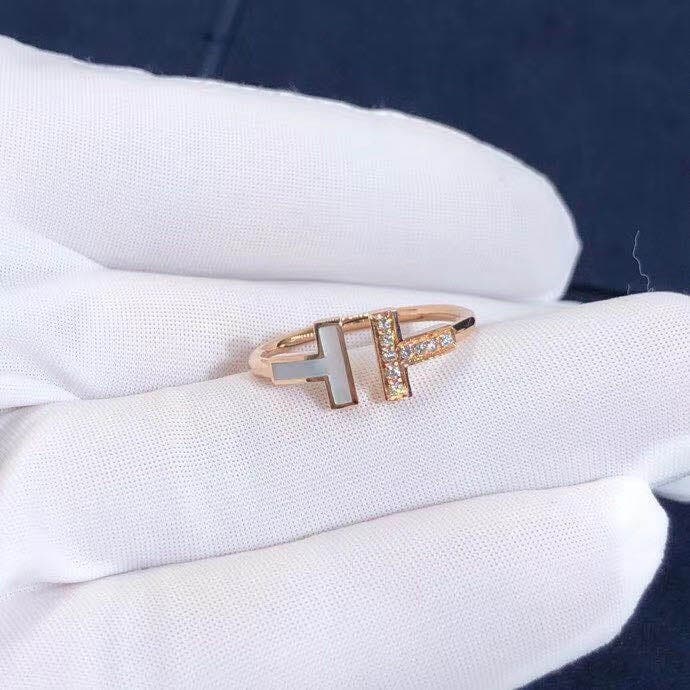 Кольцо Tiffany T Wire бриллианты, перламутр, розовое золото 5
