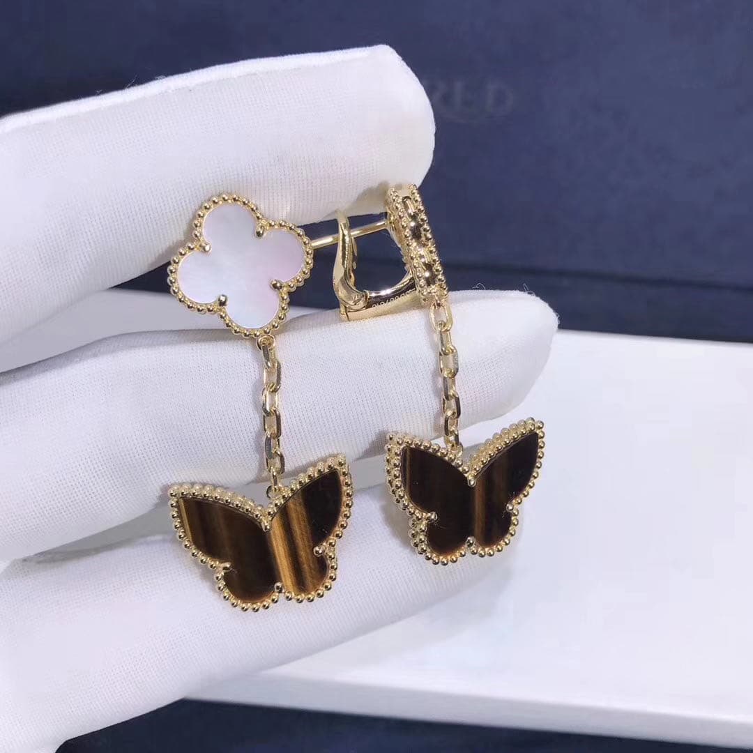 Серьги Van Cleef Lucky Alhambra с 2 мотивами розовое золото, перламутр, тигровый глаз 6