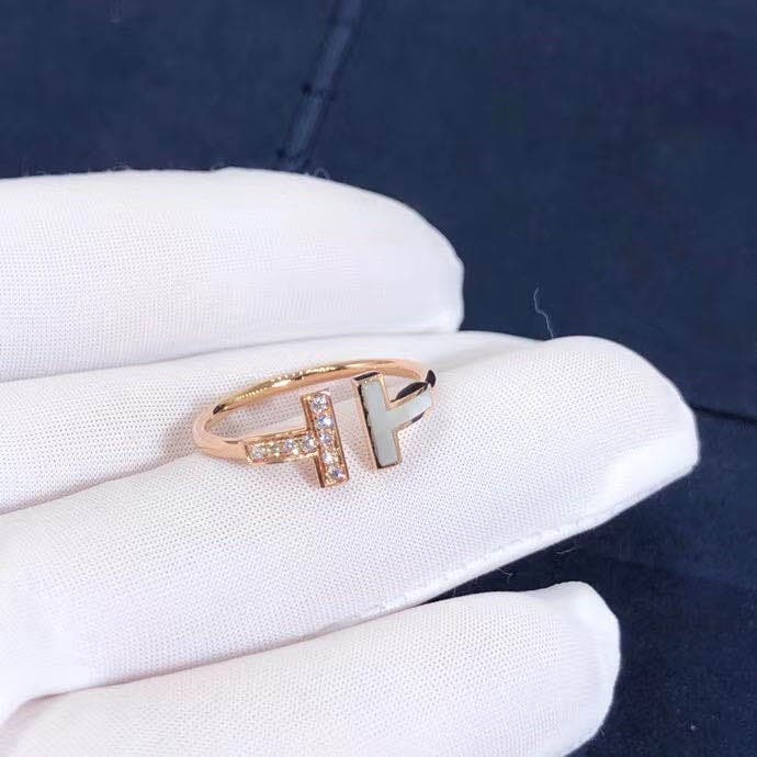 Кольцо Tiffany T Wire бриллианты, перламутр, розовое золото 7
