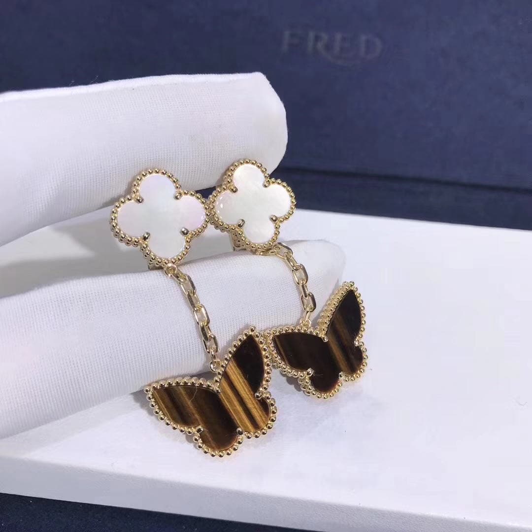 Серьги Van Cleef Lucky Alhambra с 2 мотивами розовое золото, перламутр, тигровый глаз 3