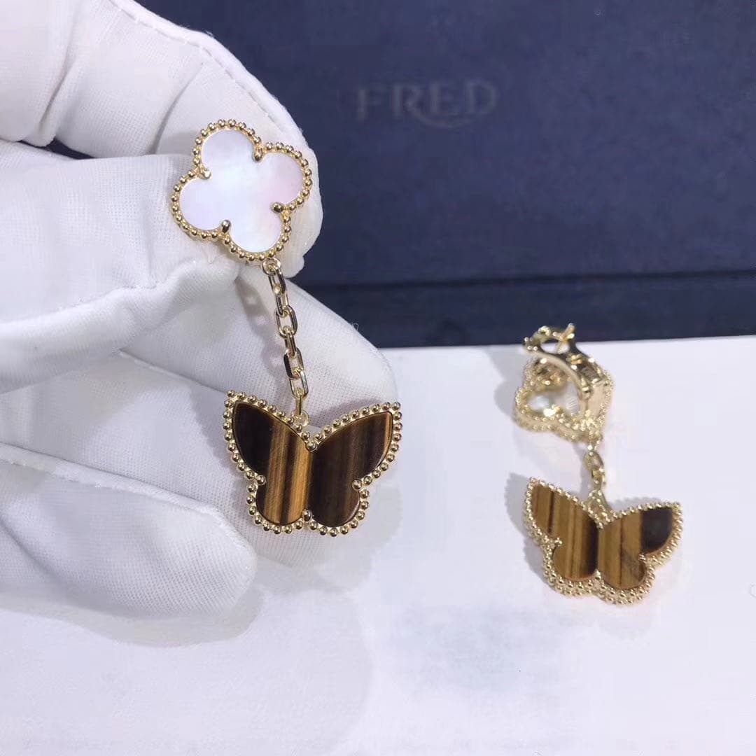 Серьги Van Cleef Lucky Alhambra с 2 мотивами розовое золото, перламутр, тигровый глаз 4