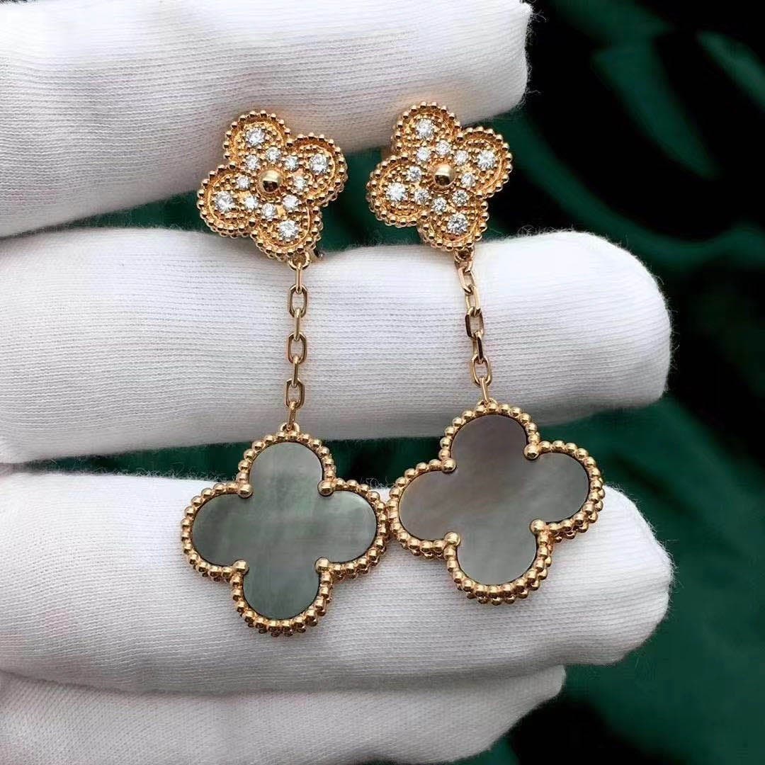 Серьги Van Cleef Magic Alhambra с 2 мотивами розовое золото, бриллианты, перламутр 2