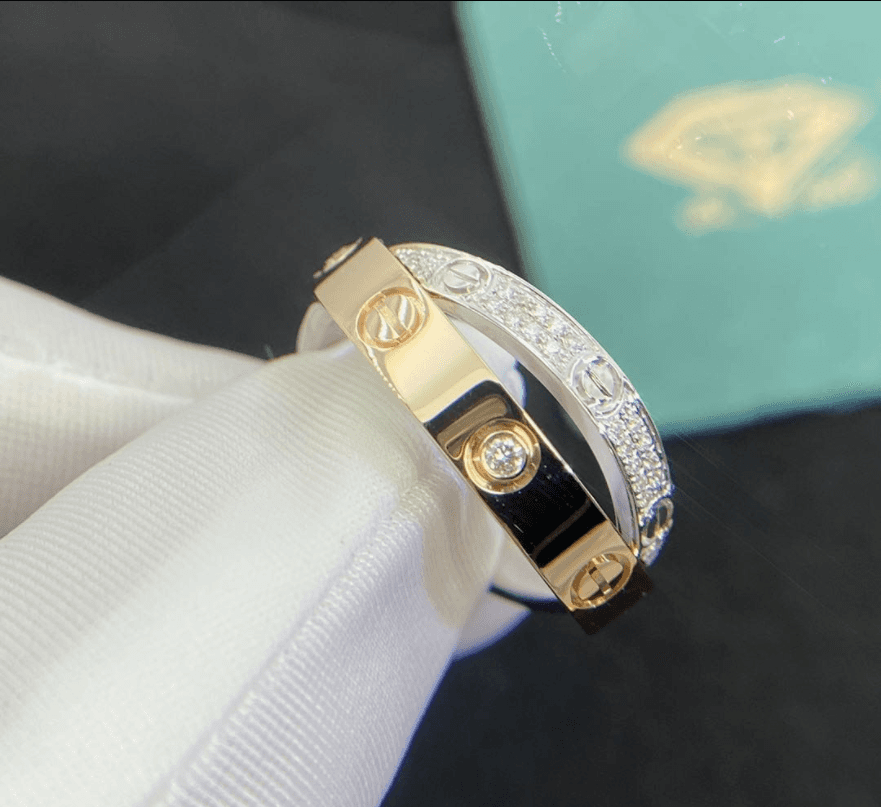 Кольцо Cartier Love с бриллиантовым паве белое, розовое золото 3