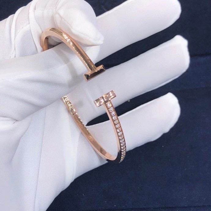 Браслет Tiffany T1 узкая модель розовое золото, бриллианты 5