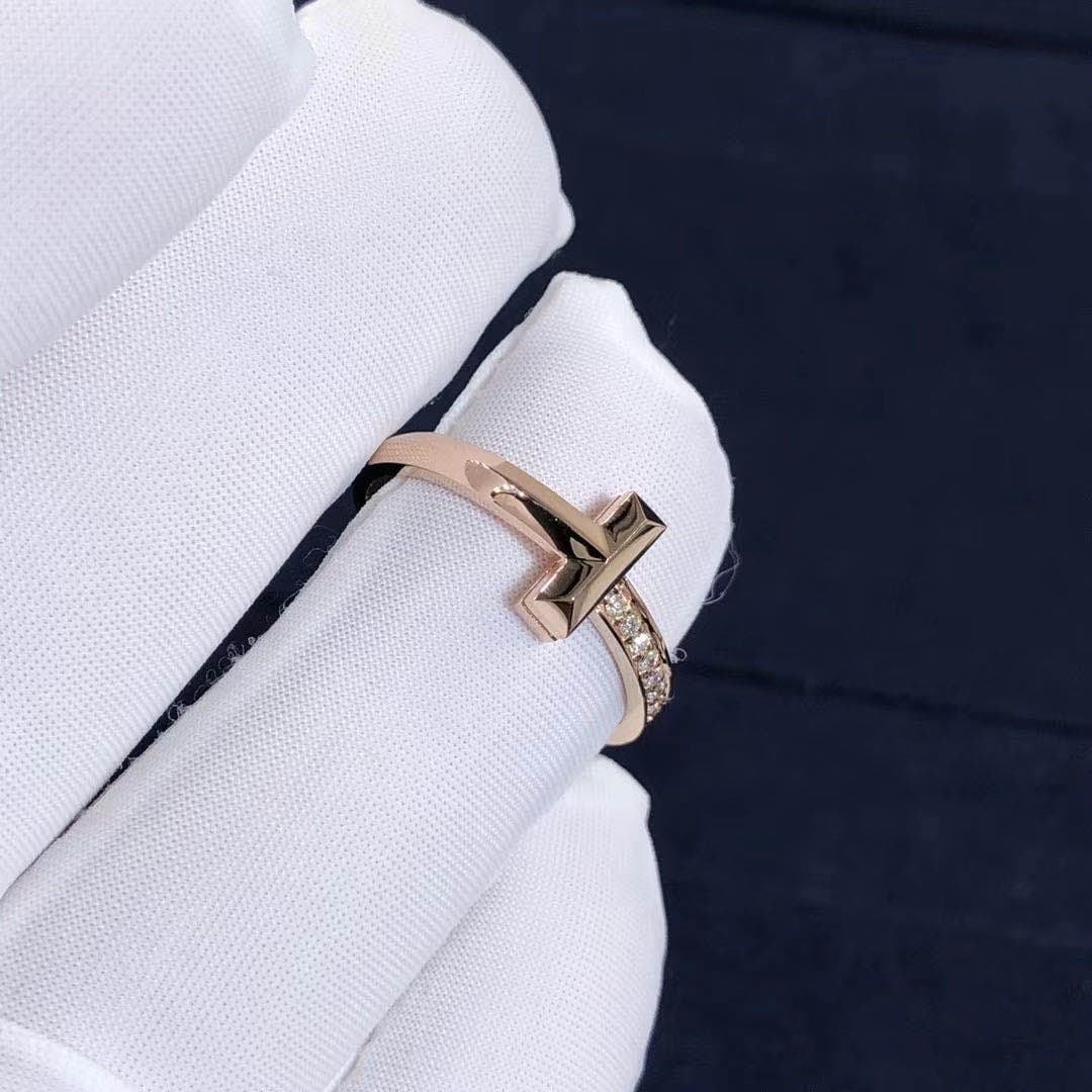 Кольцо Tiffany T1 узкое бриллианты, розовое золото 2