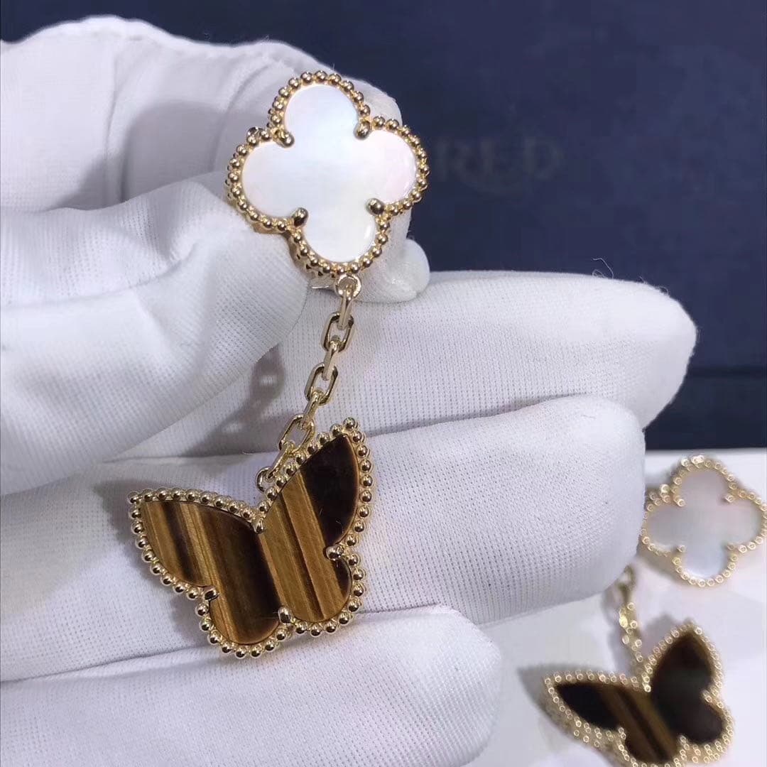 Серьги Van Cleef Lucky Alhambra с 2 мотивами розовое золото, перламутр, тигровый глаз 5