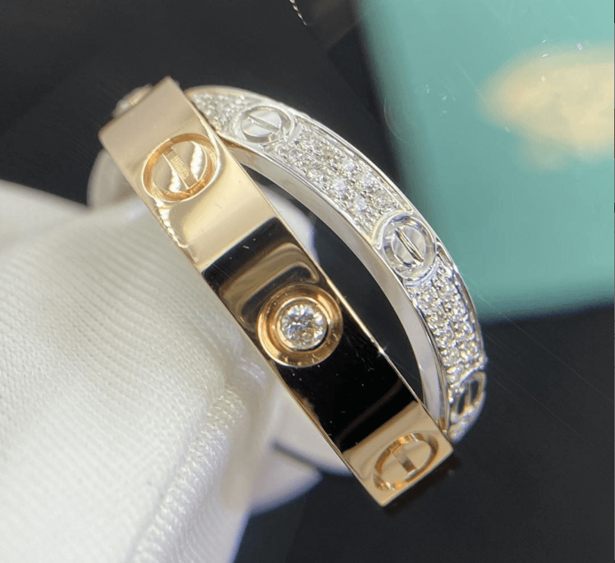 Кольцо Cartier Love с бриллиантовым паве белое, розовое золото 2
