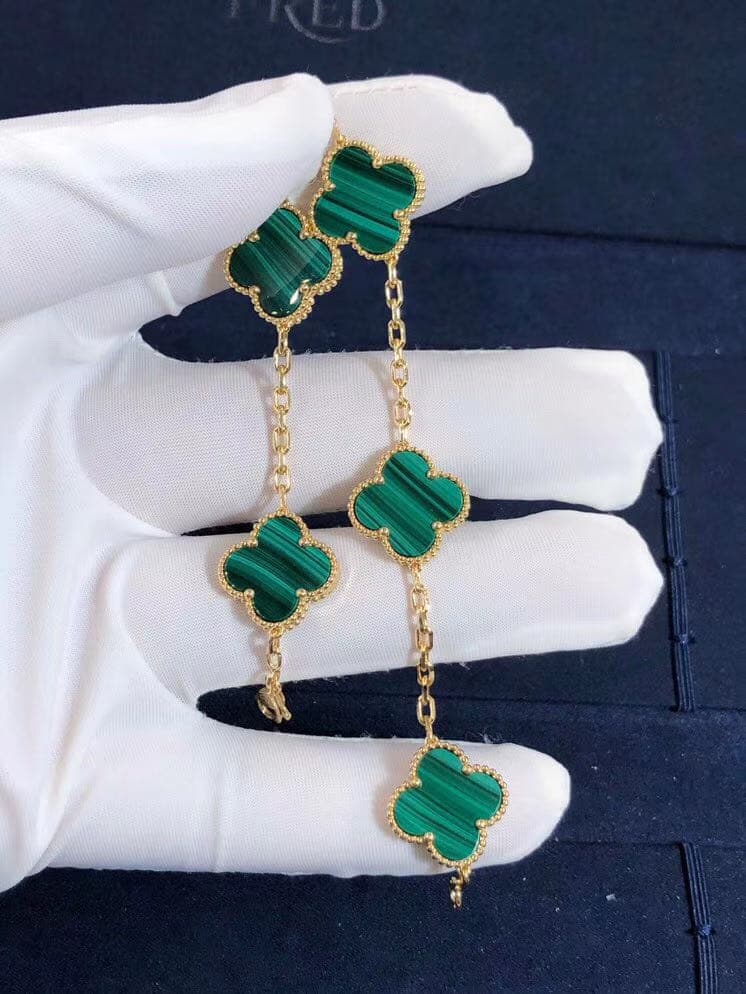 Браслет Van Cleef & Arpels Alhambra 5 мотивов желтое золото, малахит 3