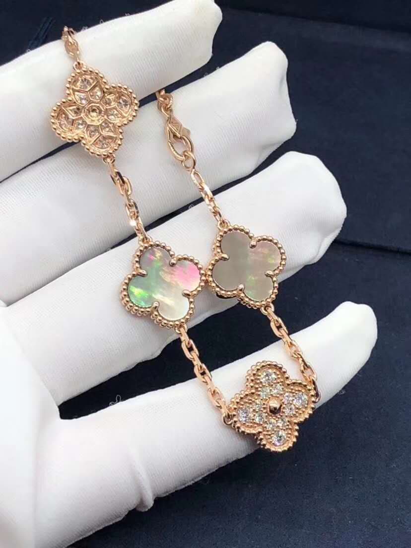 Браслет Van Cleef Vintage Alhambra 5 мотивов серый перламутр, бриллианты, розовое золото 7