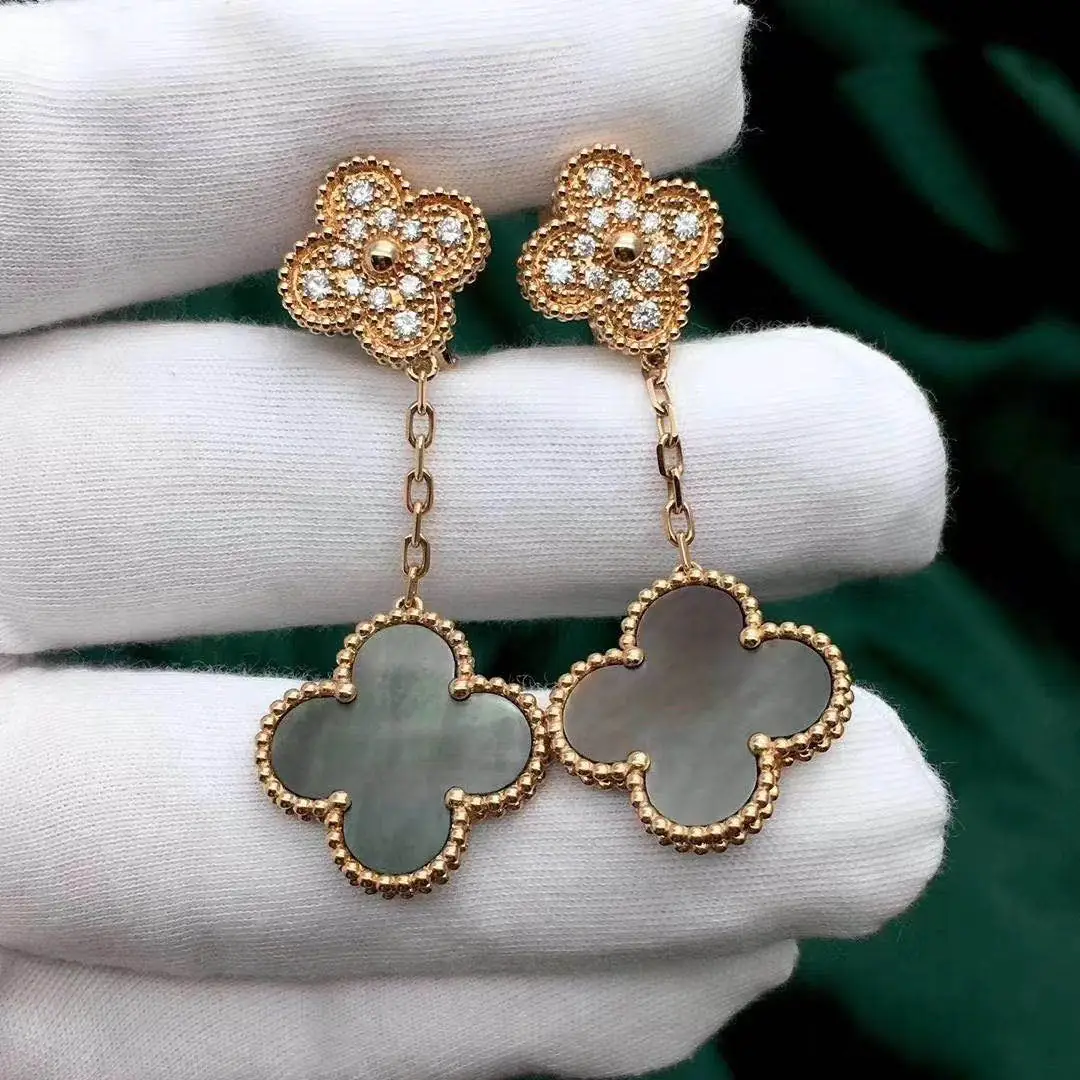 Серьги Van Cleef Magic Alhambra с 2 мотивами /розовое золото, бриллианты, перламутр/