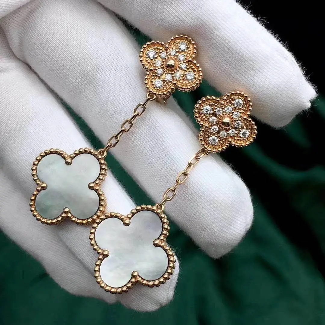 Серьги Van Cleef Magic Alhambra с 2 мотивами /розовое золото, бриллианты, перламутр/ 3