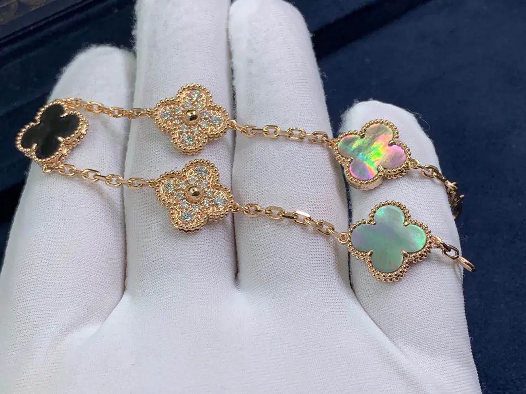 Браслет Van Cleef Vintage Alhambra 5 мотивов /серый перламутр, бриллианты, розовое золото/ 3