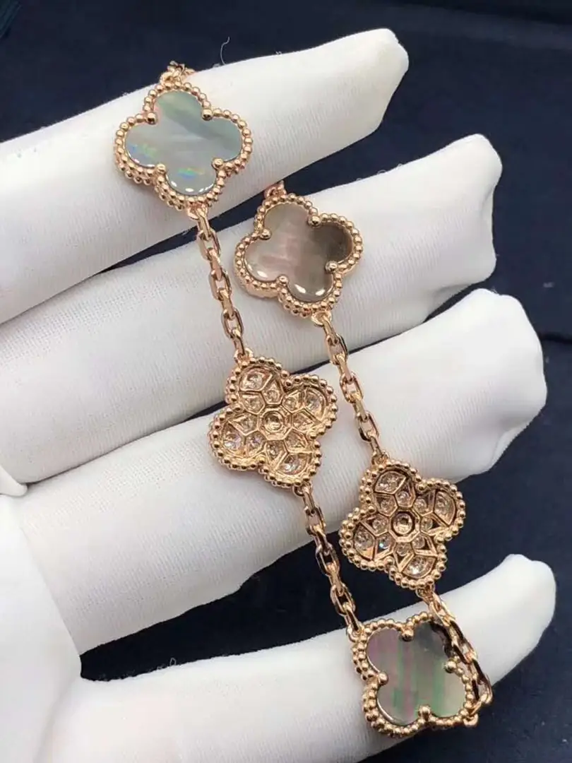 Браслет Van Cleef Vintage Alhambra 5 мотивов /серый перламутр, бриллианты, розовое золото/ 6