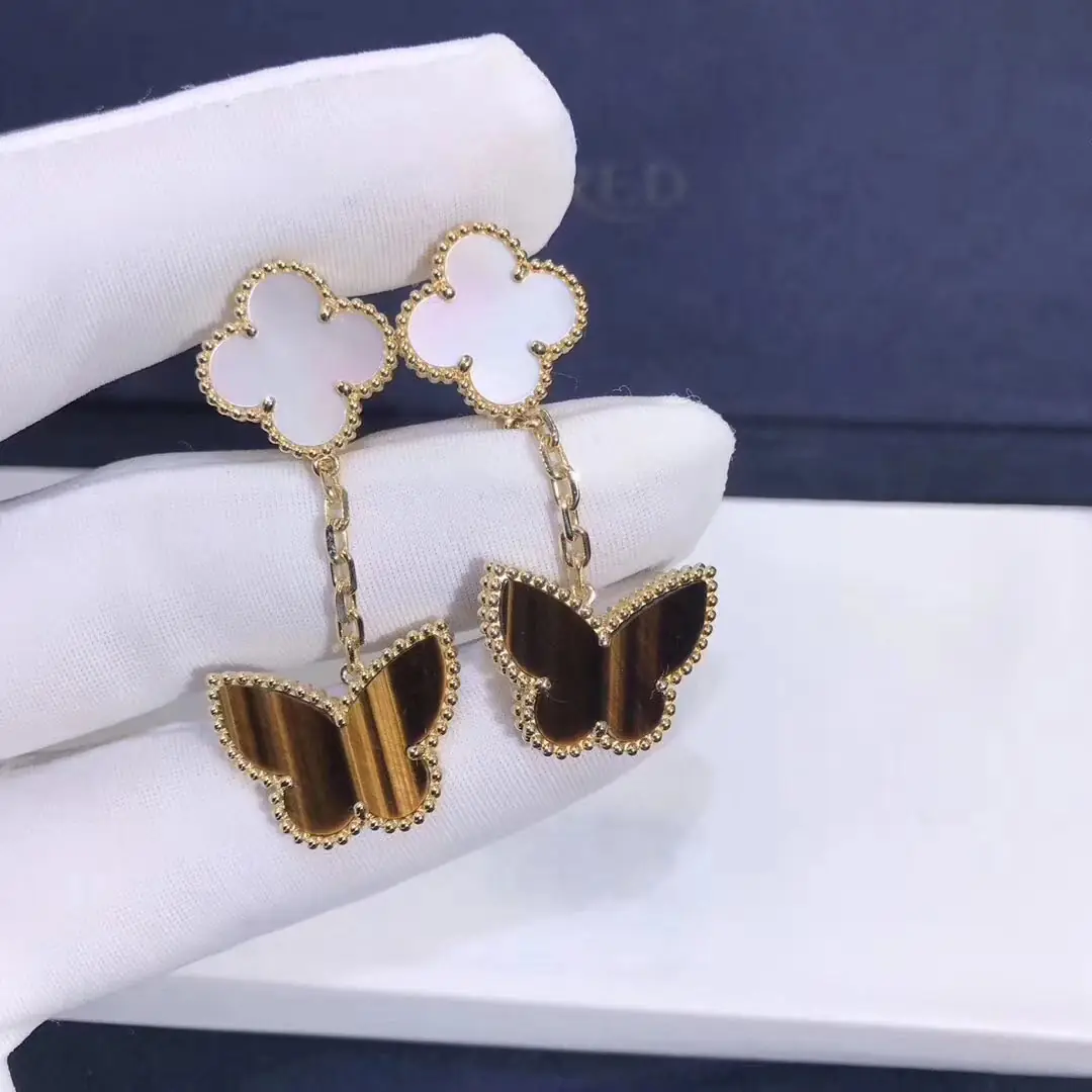 Серьги Van Cleef Lucky Alhambra с 2 мотивами /розовое золото, перламутр, тигровый глаз/