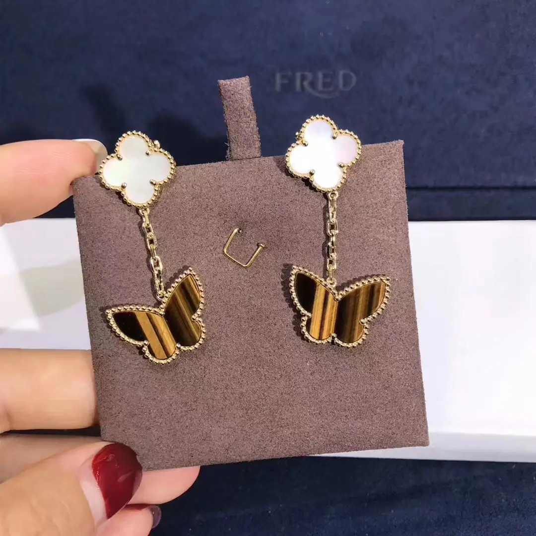 Серьги Van Cleef Lucky Alhambra с 2 мотивами /розовое золото, перламутр, тигровый глаз/